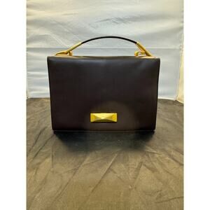 Vintage Donna Karan Black Leather Structured Top Handle Crossbody Bag Gold Metal